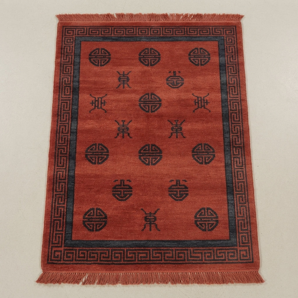 Crimson Longevity Court Hand Knotted Rug — red, navy, black chinoiserie rug by Maia Homes