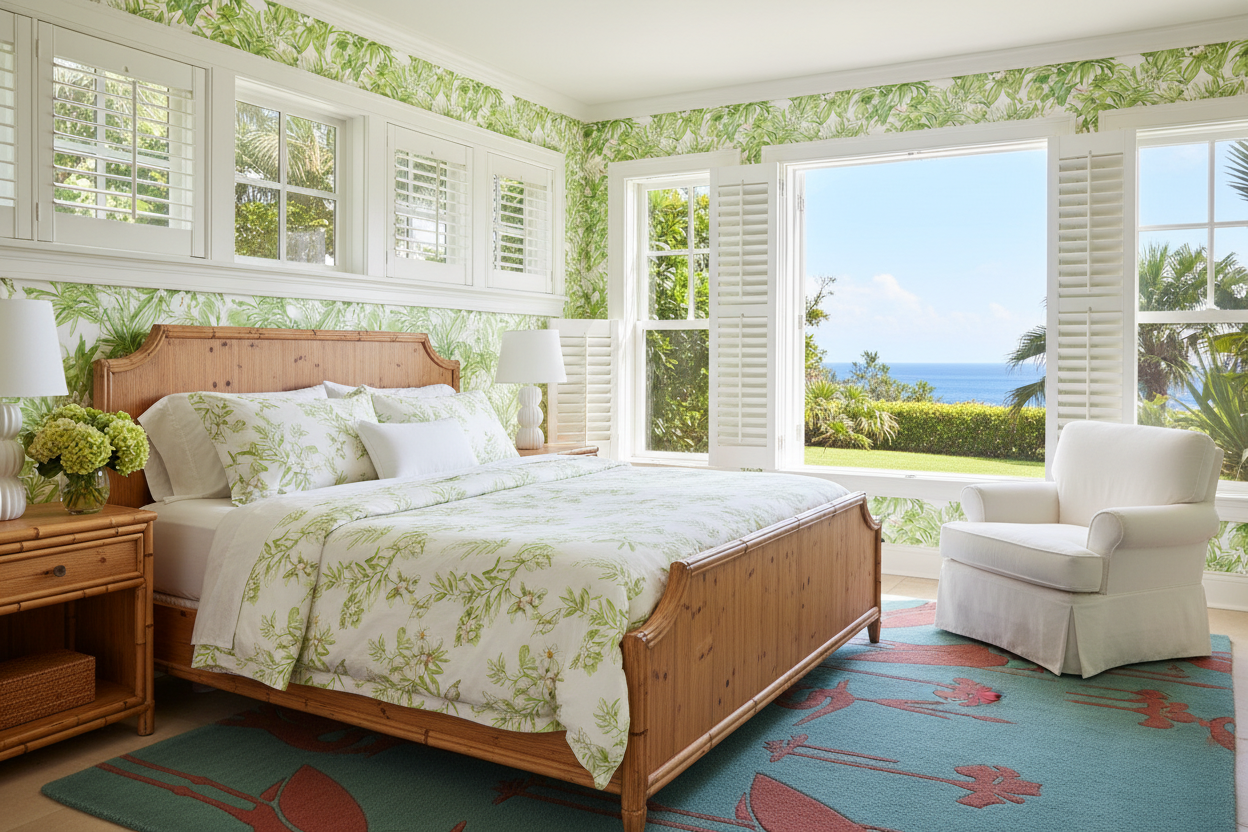 Bedroom with wooden bed, floral bedding, and large windows overlooking a garden.