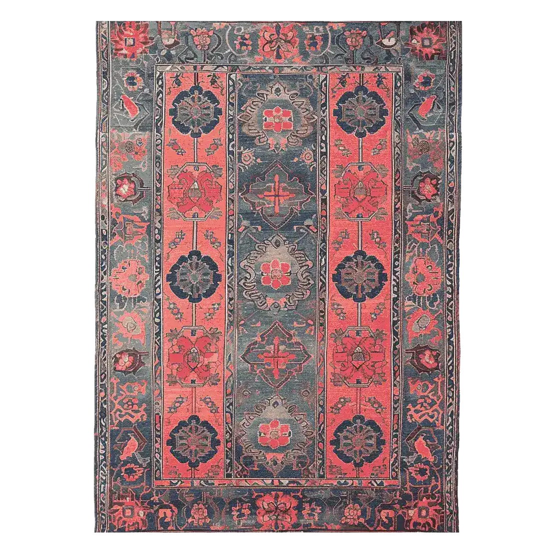 The Crimson Dreams Hand Tufted Area Rug features a stunning vintage design with rich red and blue patterns, perfect for large living rooms. This wool rug showcases intricate floral motifs and adds a touch of elegance and warmth to any space.