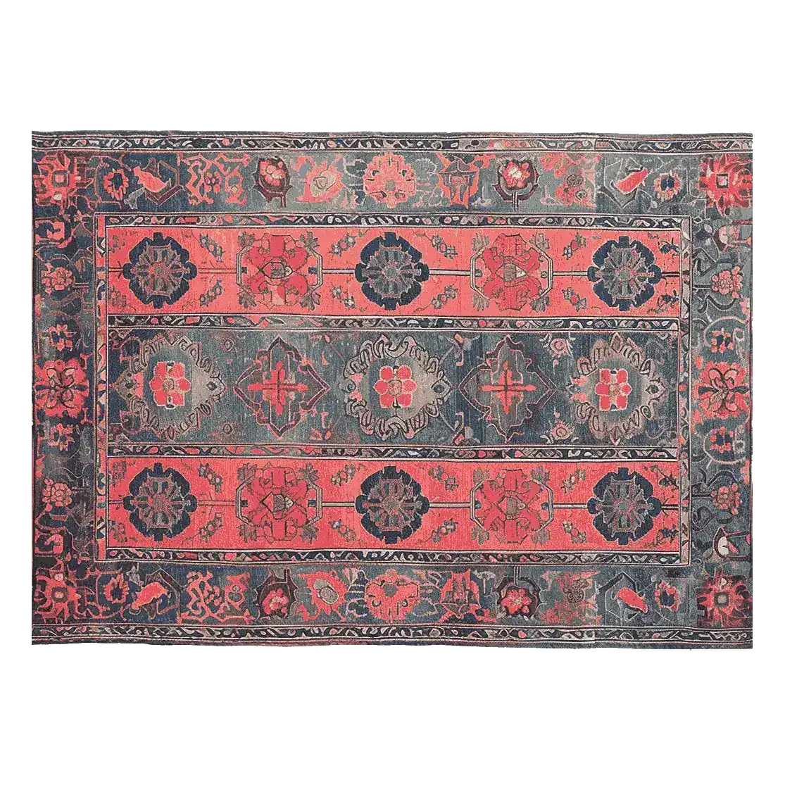 Top view of the Crimson Dreams Hand Tufted Area Rug showcasing its vintage design with intricate floral patterns in rich reds and blues, perfect for large living room spaces. Crafted from high-quality wool, this rug adds elegance and warmth to any home decor.