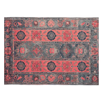 Top view of the Crimson Dreams Hand Tufted Area Rug showcasing its vintage design with intricate floral patterns in rich reds and blues, perfect for large living room spaces. Crafted from high-quality wool, this rug adds elegance and warmth to any home decor.
