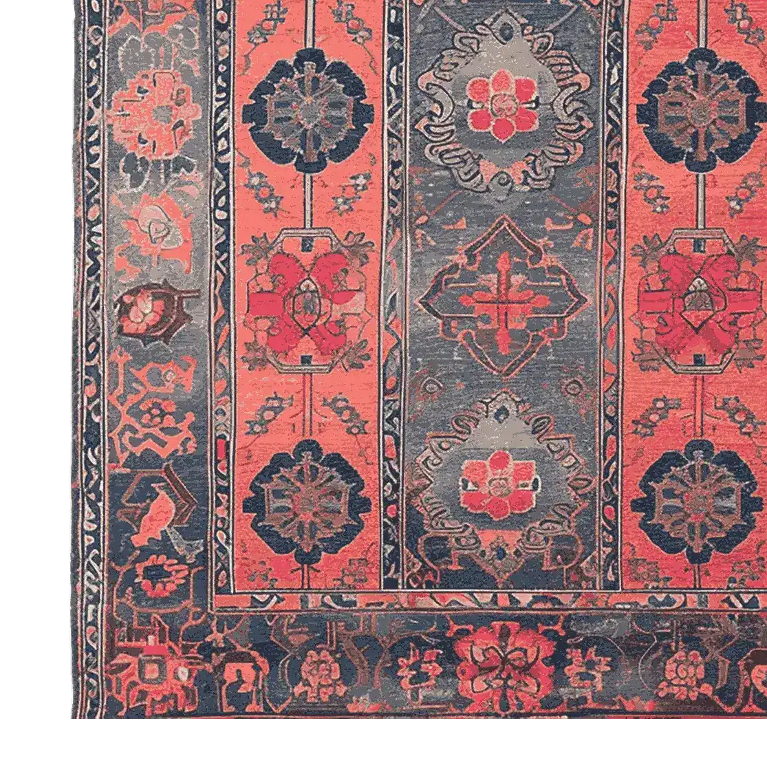 This image showcases the Crimson Dreams Hand Tufted Area Rug, featuring a vintage design with intricate floral patterns in rich red and navy hues. Perfect for large living rooms, this wool rug offers a timeless elegance and a cozy touch.