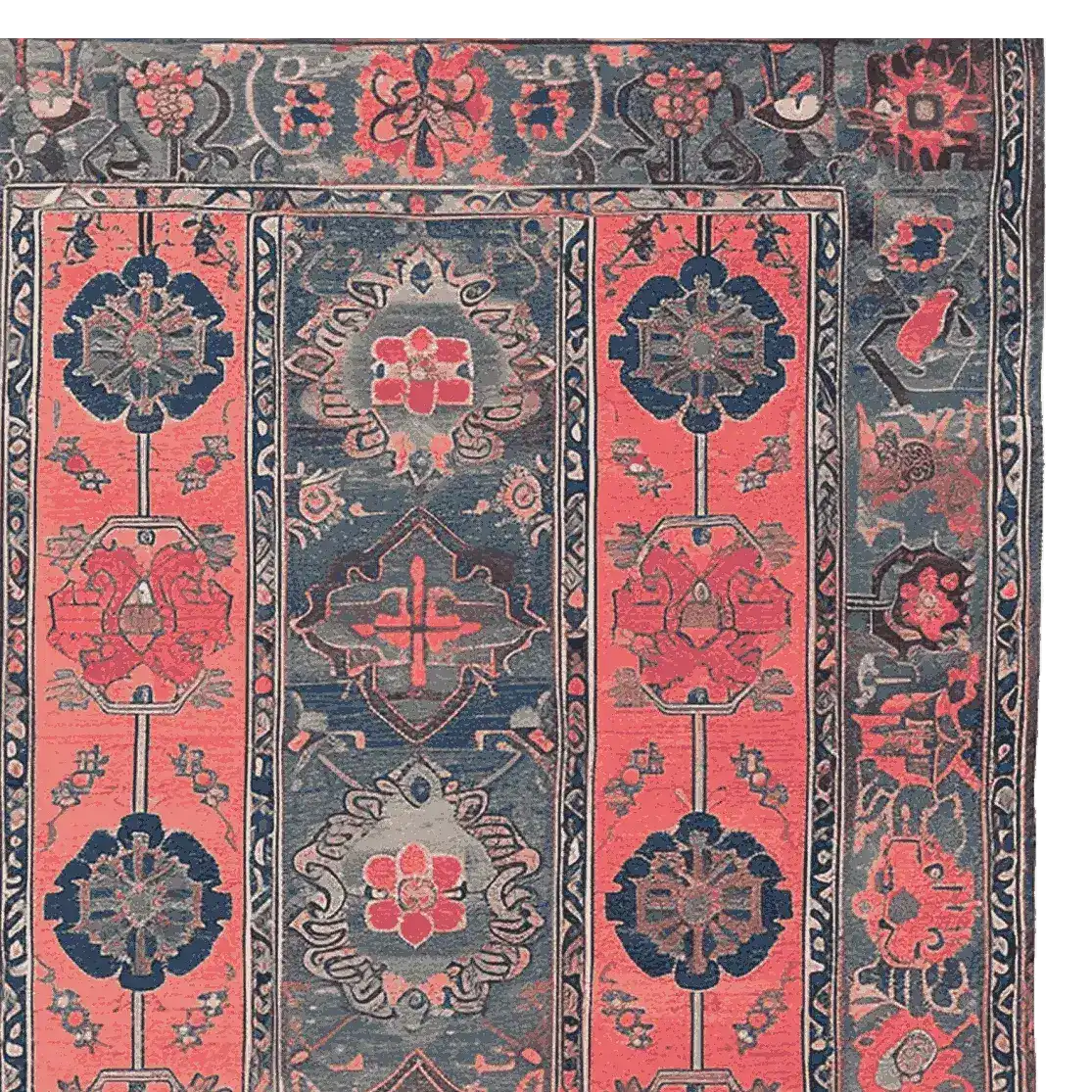 A beautifully crafted area rug featuring a vintage design with intricate floral patterns in shades of crimson and navy. This large living room rug is made from high-quality wool, adding a touch of elegance and warmth to any space.