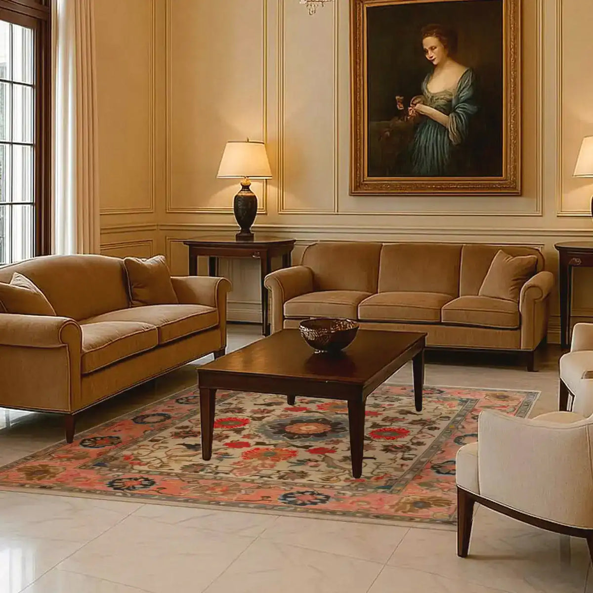 Elegant living room featuring the Crimson Medallion Serenity Hand Knotted Area Rug, an exquisite 8x10 vintage floral rug. This large Persian rug adds a touch of sophistication to the space, complementing the classic furniture and warm lighting.
