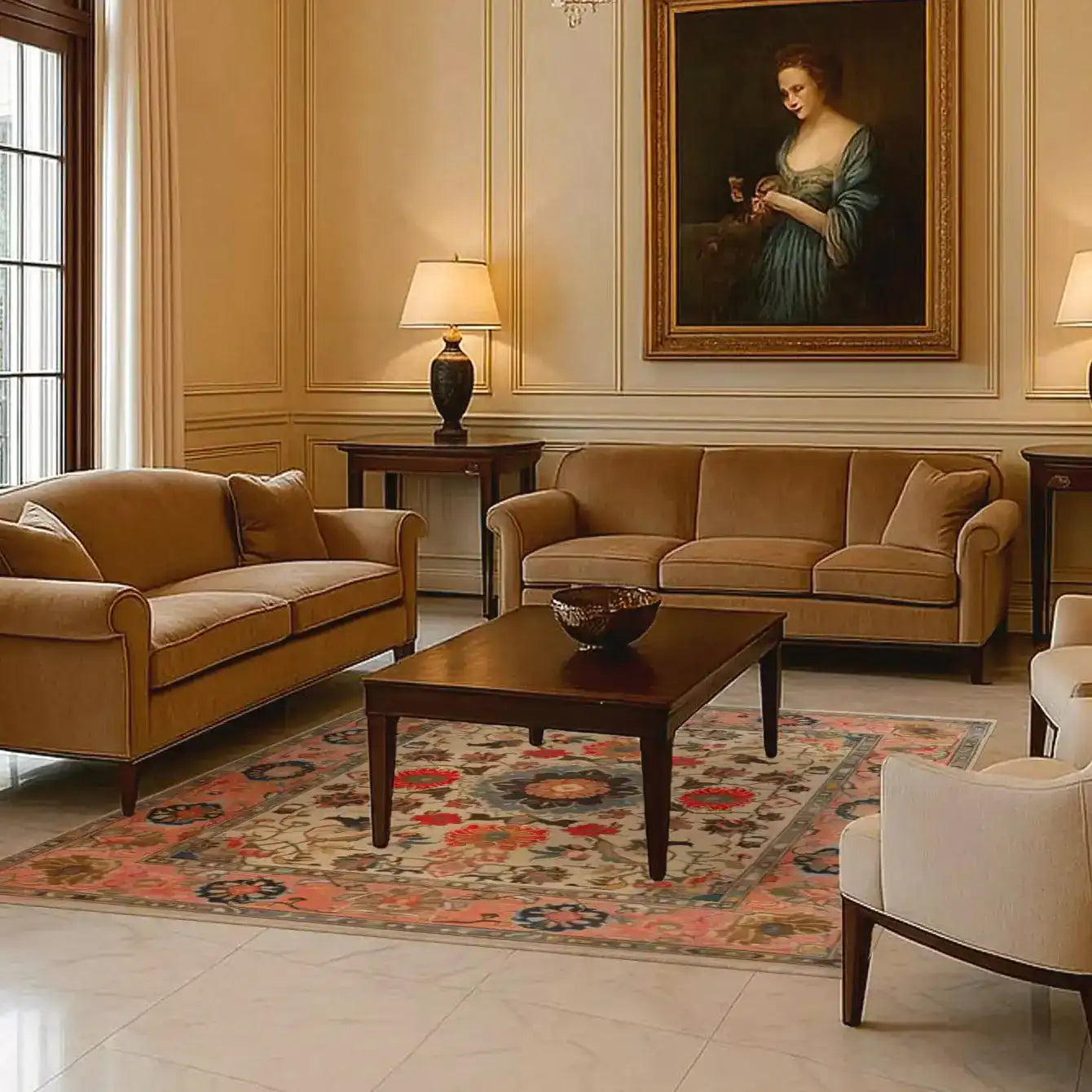 Elegant living room featuring the Crimson Medallion Serenity Hand Knotted Area Rug, an exquisite 8x10 vintage floral rug. This large Persian rug adds a touch of sophistication to the space, complementing the classic furniture and warm lighting.