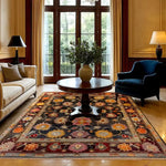 Elegant large living room featuring a Crimson Tapestry Hand Knotted Area Rug with a rich floral design. This vintage Persian rug adds a touch of luxury and warmth, perfectly complementing the classic furniture and large windows.