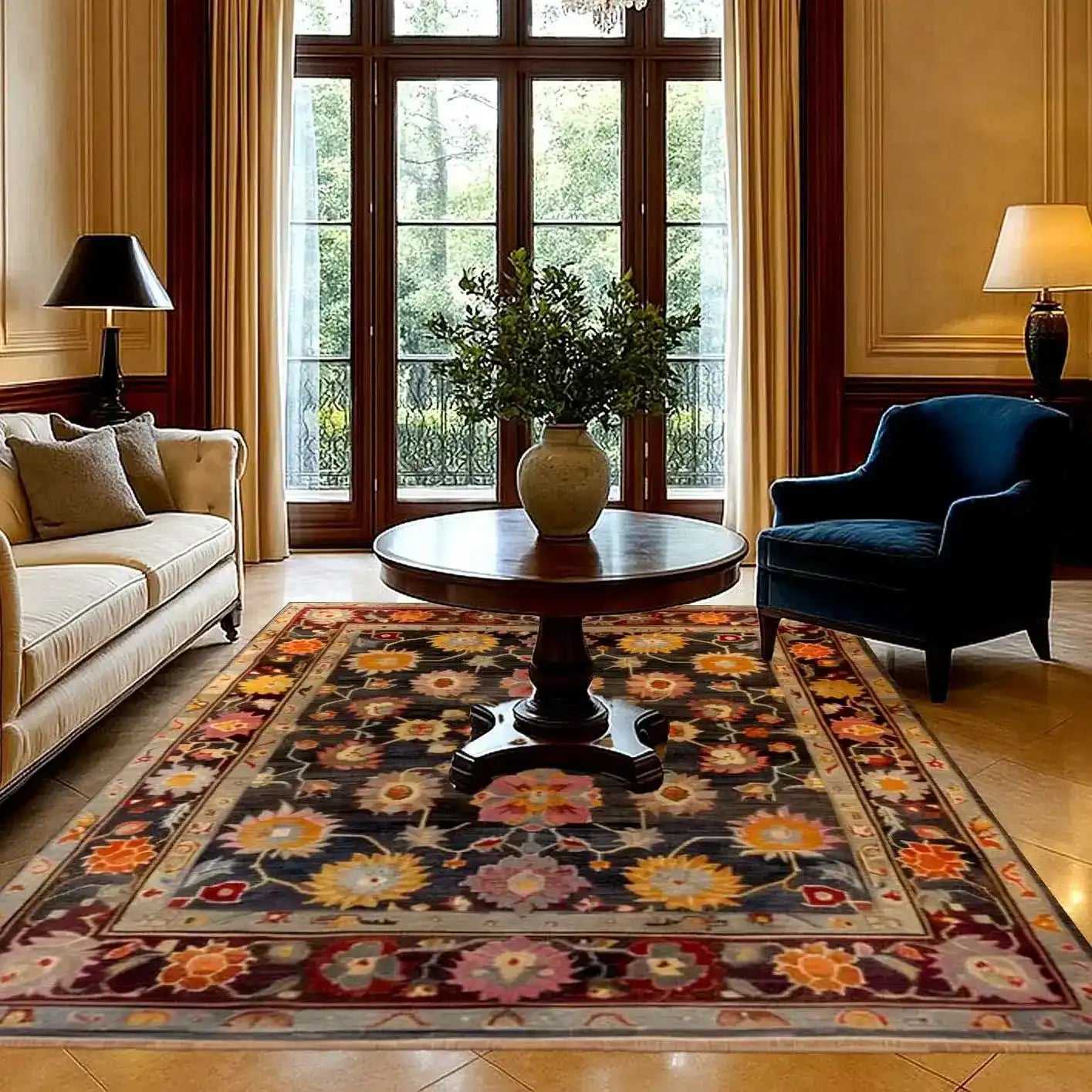 Elegant large living room featuring a Crimson Tapestry Hand Knotted Area Rug with a rich floral design. This vintage Persian rug adds a touch of luxury and warmth, perfectly complementing the classic furniture and large windows.