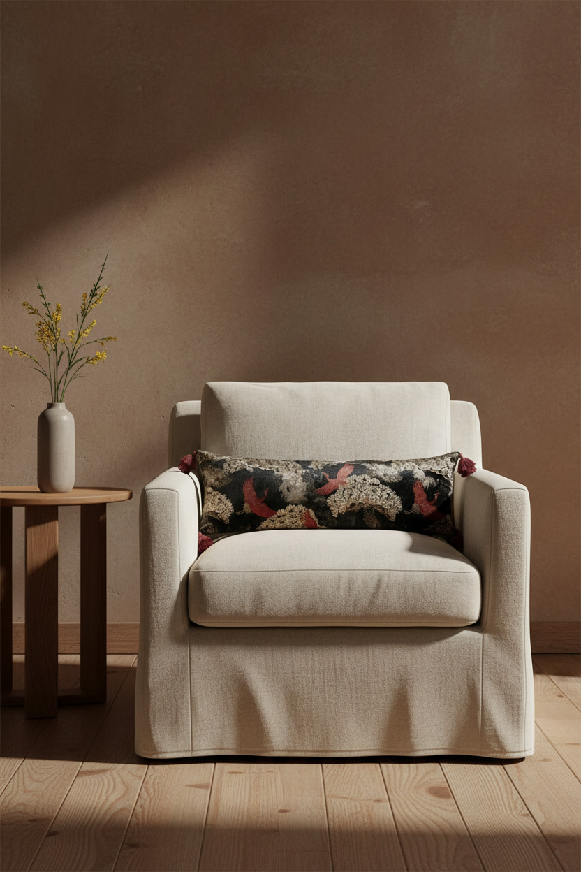 A cream-colored upholstered armchair with a matching skirted base, styled in a warm, minimalist room with a textured brown wall, light wood floor, a small wooden side table, and a floral lumbar pillow.