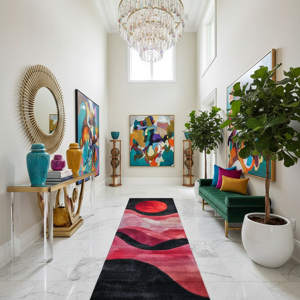 Modern living room with colorful rug runner, artwork, and a chandelier.