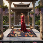 Woman in a red dress standing on a decorative rug in an elegant outdoor setting with pagoda and flowers.