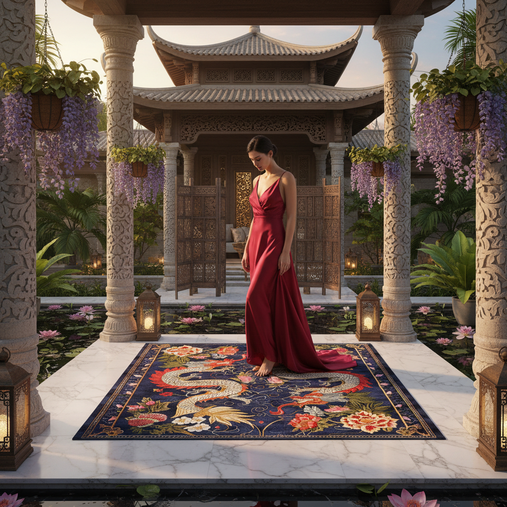 Woman in a red dress standing on a decorative rug in an elegant outdoor setting with pagoda and flowers.