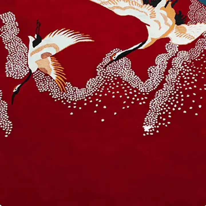Stunning Crimson Flight hand-tufted round area rug featuring an elegant design of flying cranes against a deep red background. Perfect for adding a touch of sophistication to your office or living room, this wool rug blends artistry and comfort, making it an ideal choice for rugs in both office and living room settings.