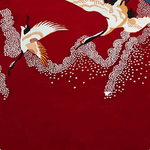 Stunning Crimson Flight hand-tufted round area rug featuring an elegant design of flying cranes against a deep red background. Perfect for adding a touch of sophistication to your office or living room, this wool rug blends artistry and comfort, making it an ideal choice for rugs in both office and living room settings.