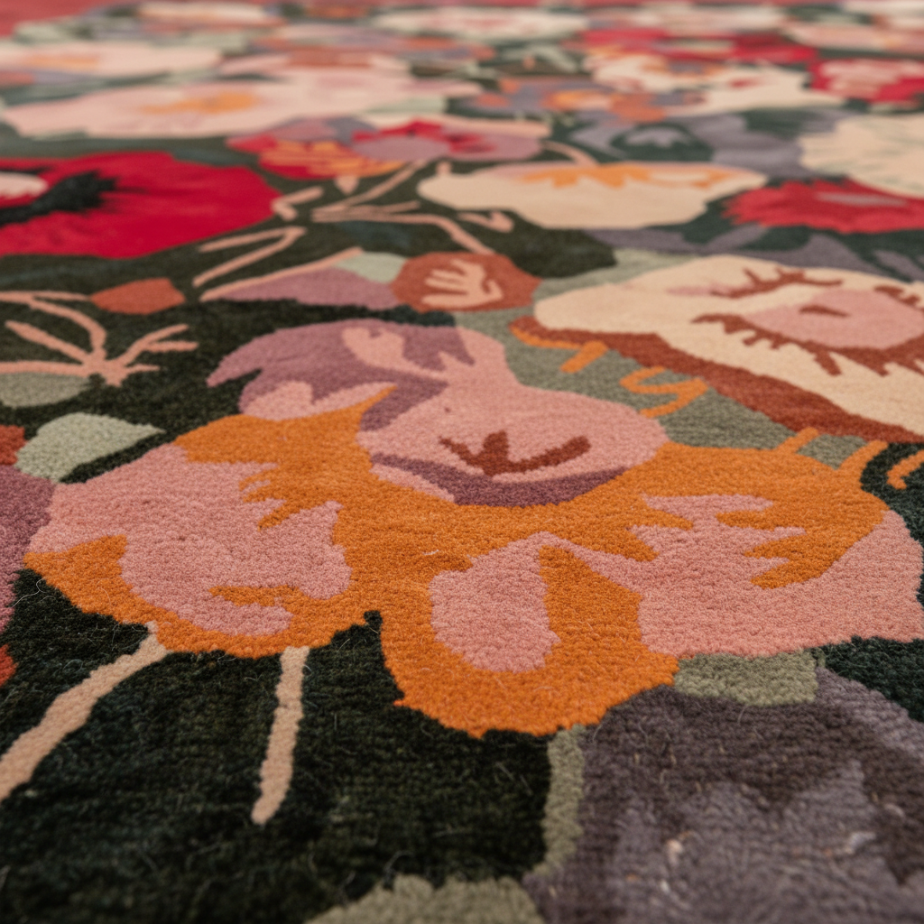 Close-up of a colorful floral rug with vibrant patterns.