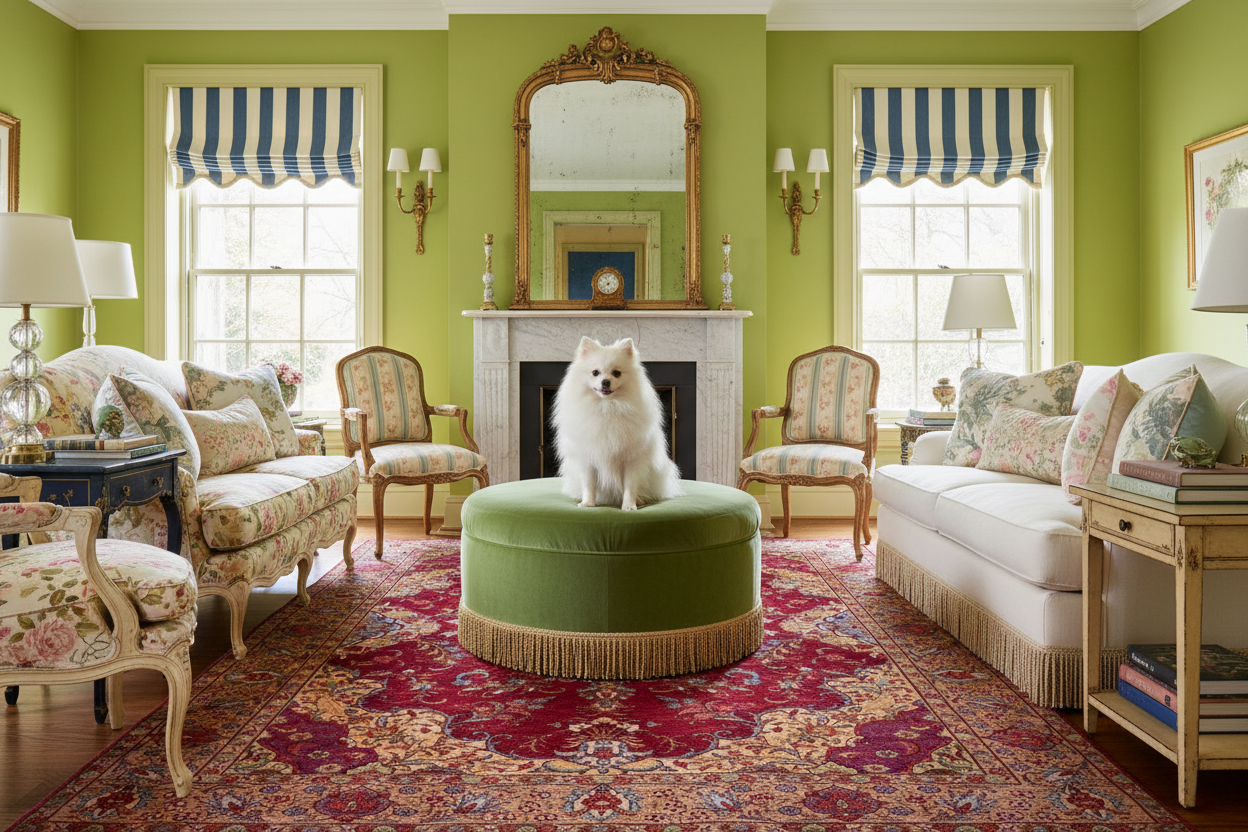 Living room with a dog on a green ottoman, surrounded by furniture and decor.