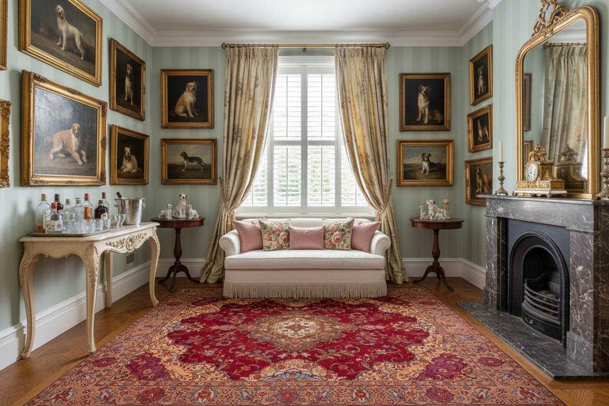 Luxurious living room with classical decor, including a fireplace, sofa, and framed artworks.