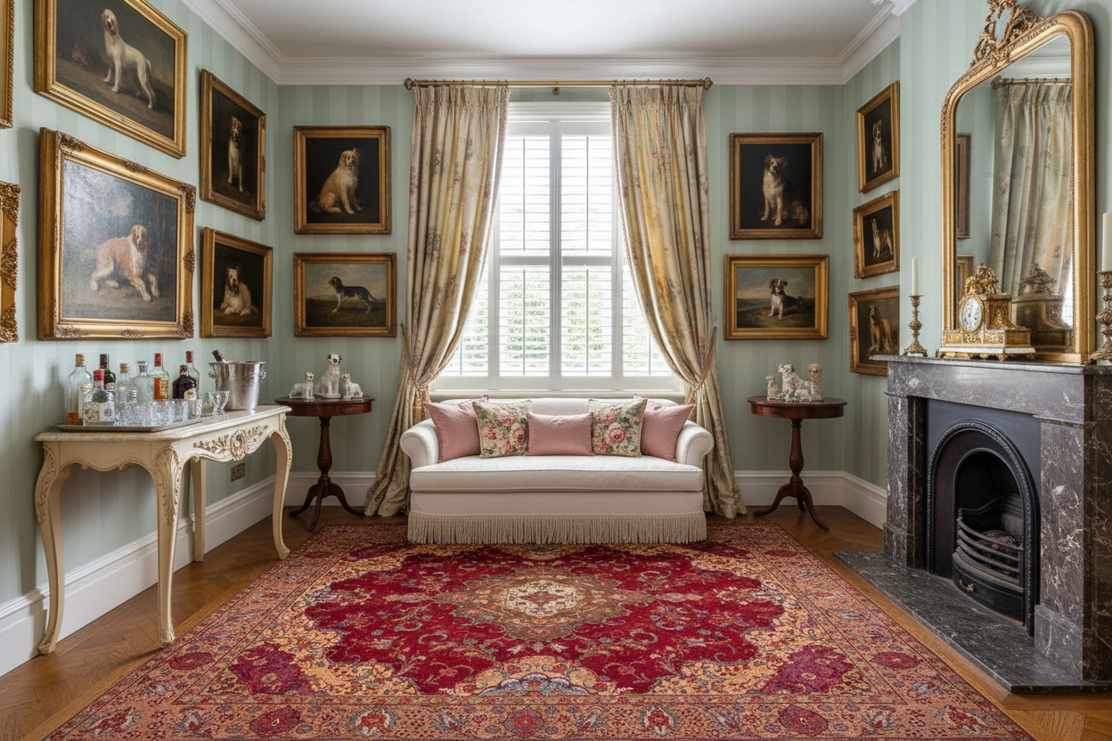 Luxurious living room with classical decor, including a fireplace, sofa, and framed artworks.