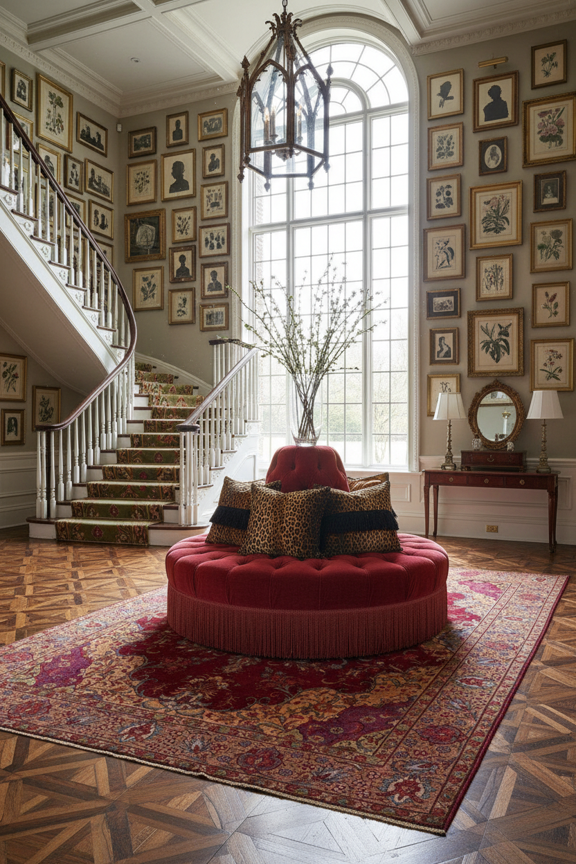 Staircase with a red cushioned seat in a room with framed pictures on the walls.