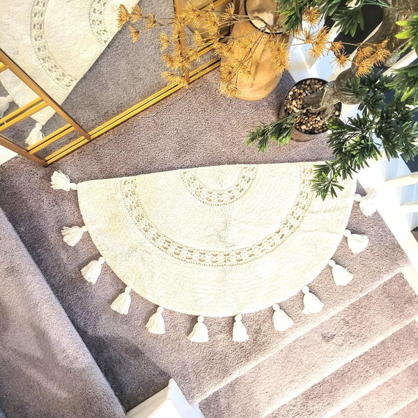 Crocheted Half Moon Bath Mat Rug with Tassels