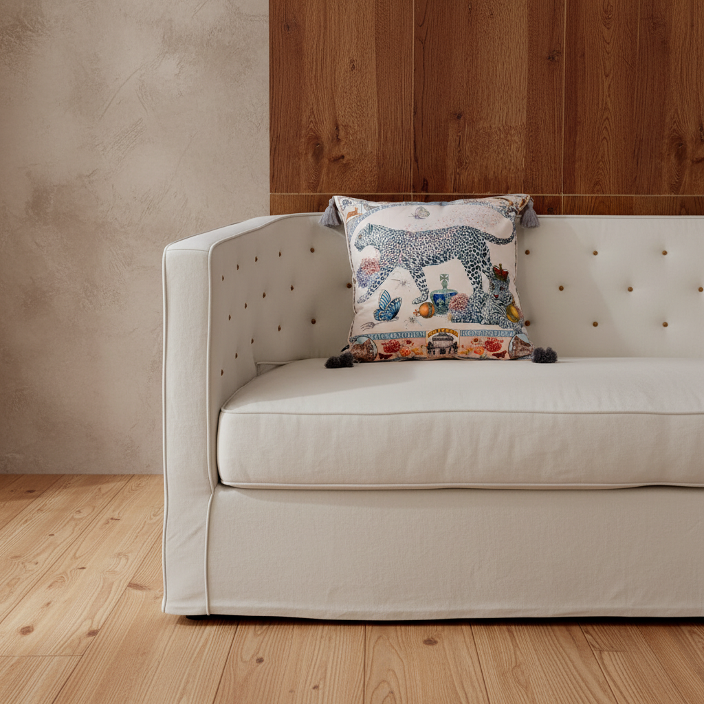 A cream upholstered loveseat with tufted buttons and a decorative throw pillow featuring a blue leopard print and colorful floral border, set in a room with a wood-paneled wall and light wood floor.