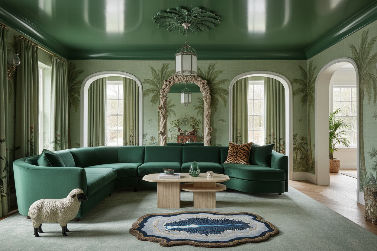 Luxurious living room with green walls, accent rug, a large mirror, and a sheep decoration.