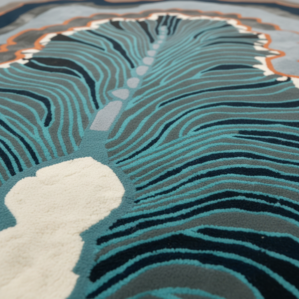 Close-up of a rug with wavy pattern in teal, black, and gray.