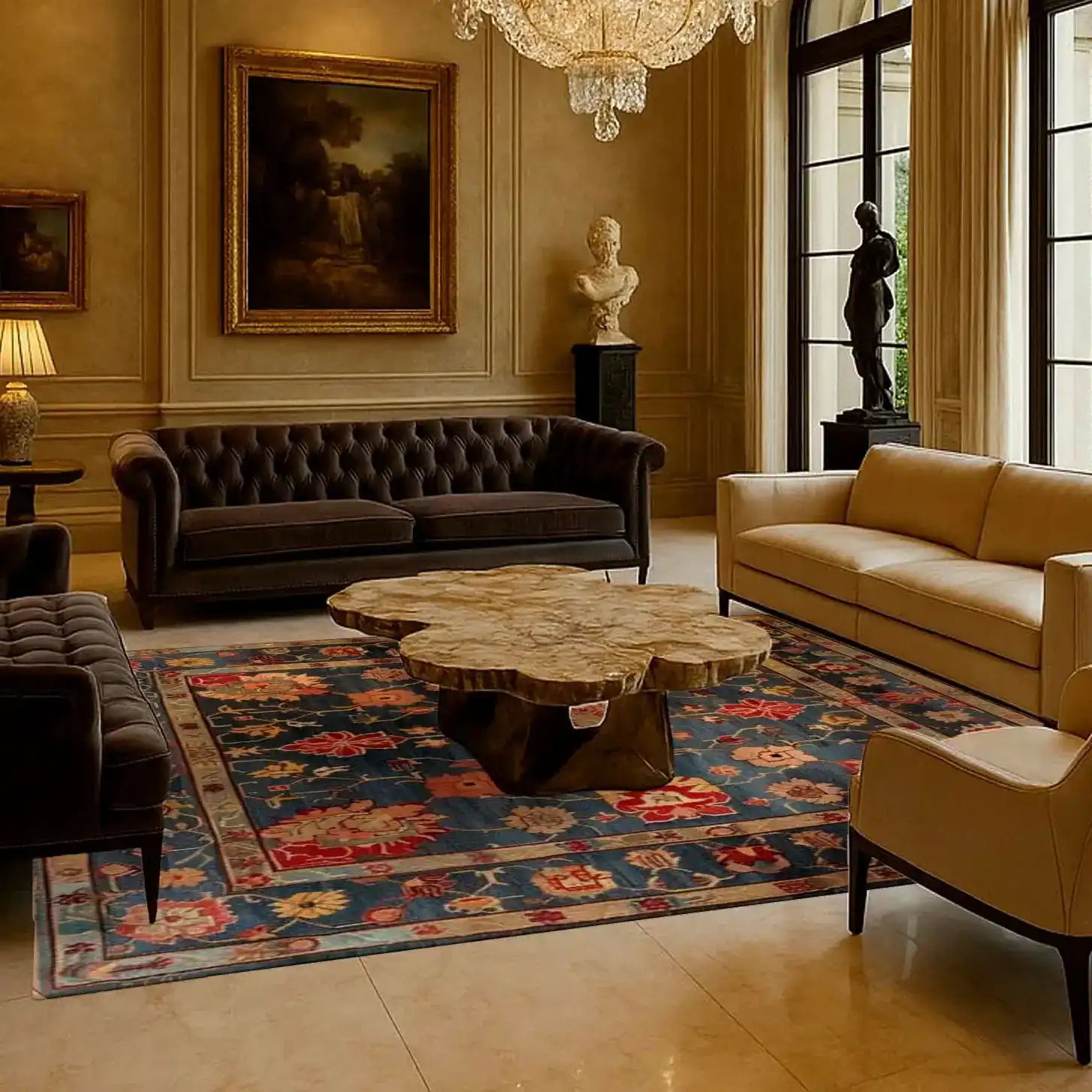 Elegant living room featuring a Cultural Blossom Legacy Hand Knotted Area Rug. This vintage square area rug, perfect for large living rooms, showcases a vibrant floral design, reminiscent of Persian rugs, under a unique wooden coffee table. The wool rug adds a touch of sophistication, ideal for both living and dining rooms.