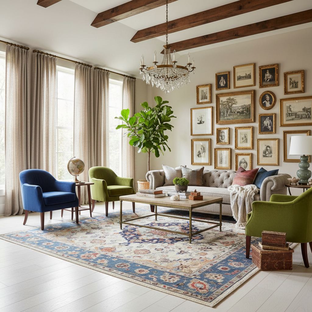 Living room with a chandelier, framed pictures on the wall, a traditional wool rug, and colorful furniture.