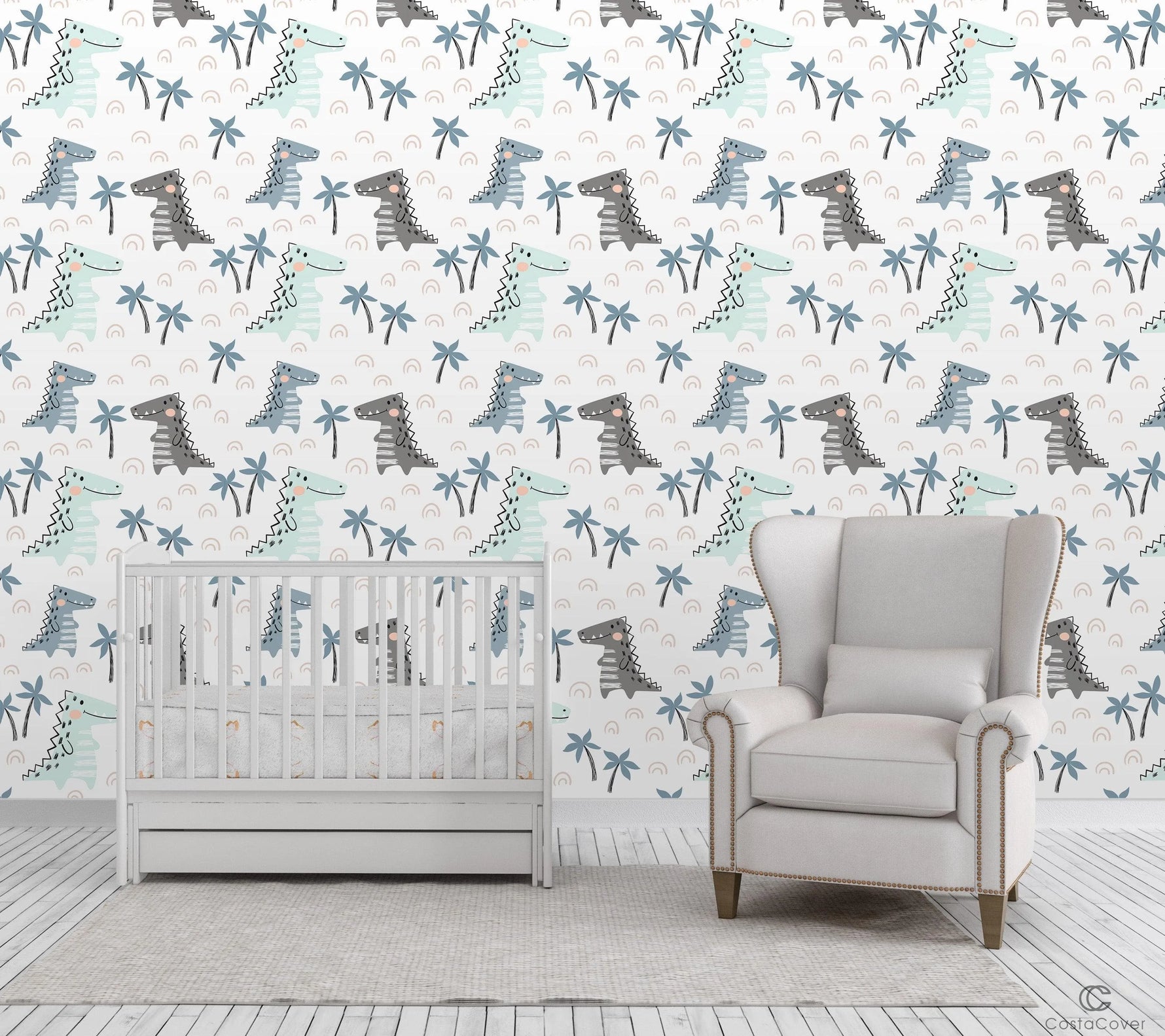 Cute Green Dinosaurs Doodle Removable Kids Wallpaper