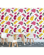 Cute Pink Yellow Dinosaurs Removable Wallpaper