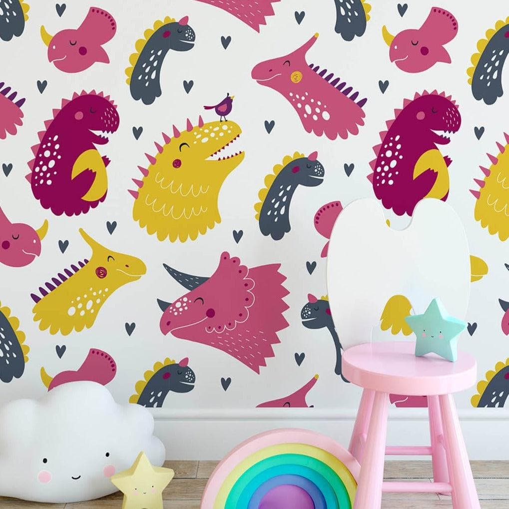 Cute Pink Yellow Dinosaurs Removable Wallpaper