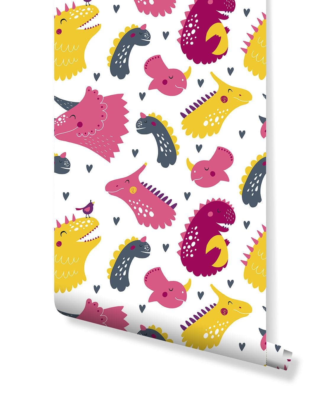 Cute Pink Yellow Dinosaurs Removable Wallpaper