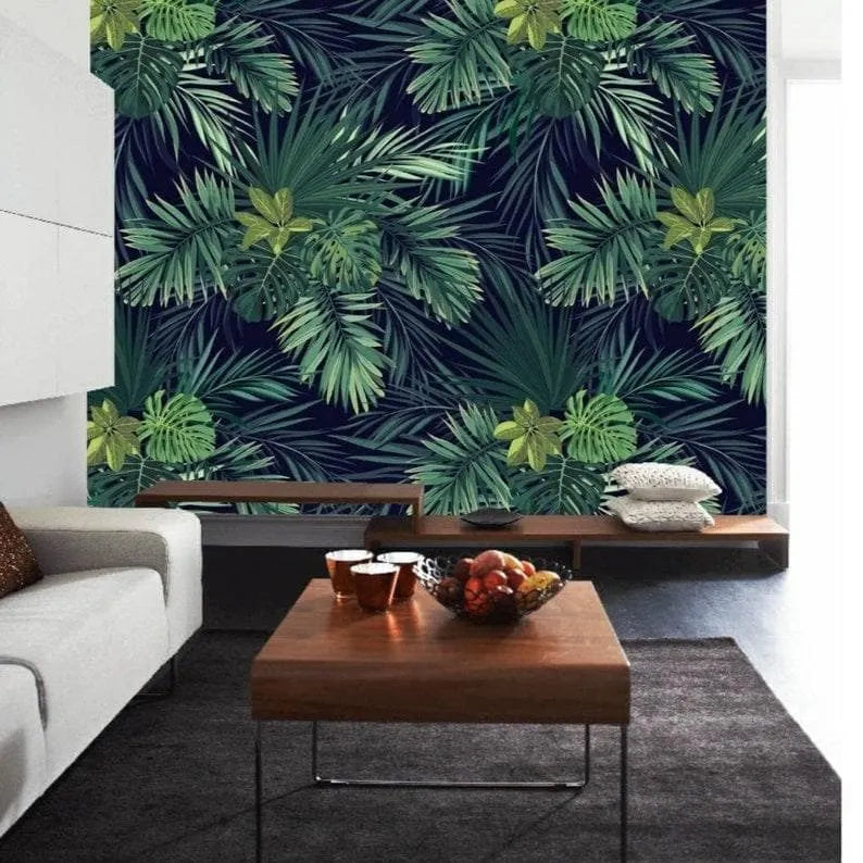 Dark Green Exotic Oversized Tropical Leaves Wallpaper