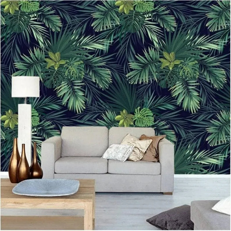 Dark Green Exotic Oversized Tropical Leaves Wallpaper