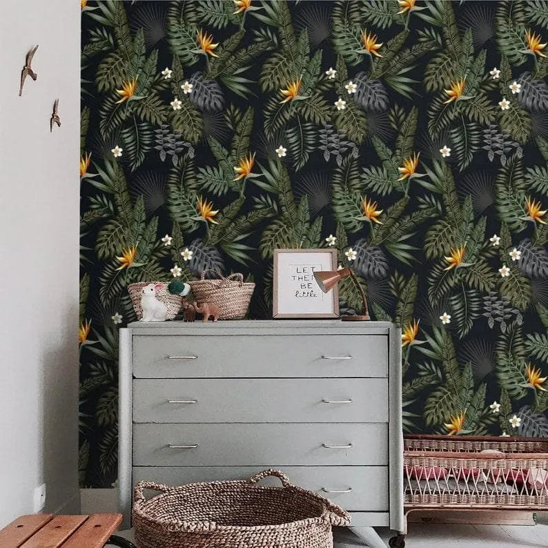 Dark Hawaiian Ferns and Floral Wallpaper