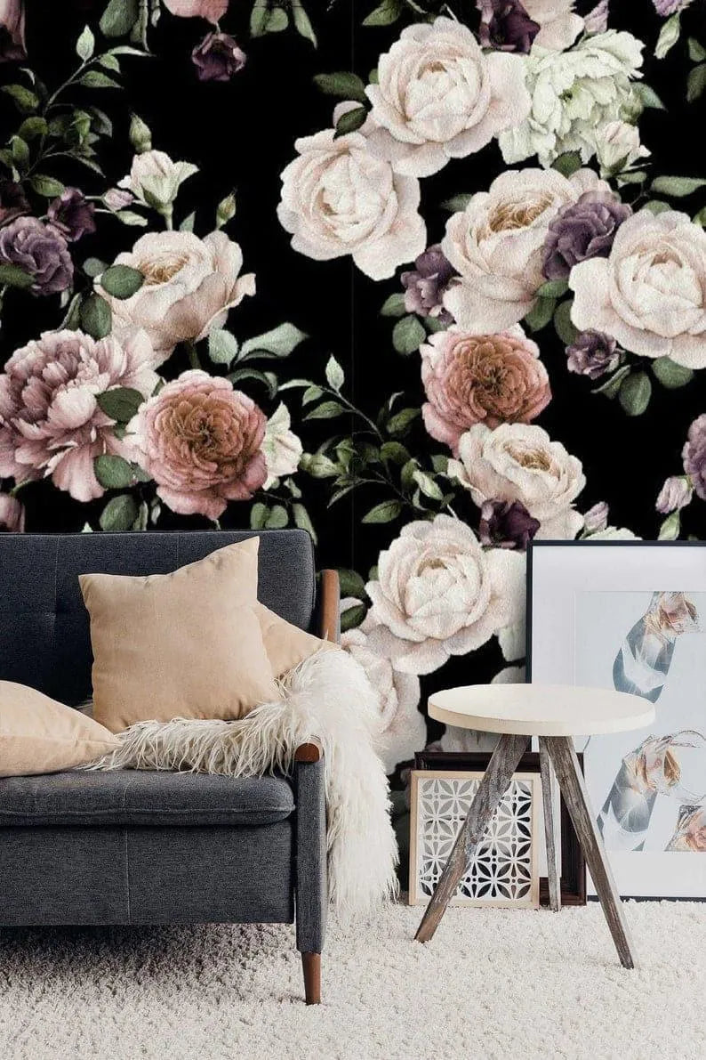 Oversized Dramatic Peonies on Black Wallpaper