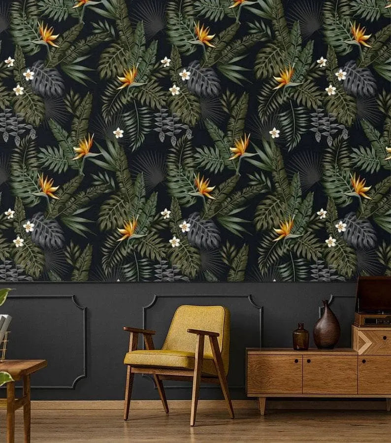 Dark Hawaiian Ferns and Floral Wallpaper