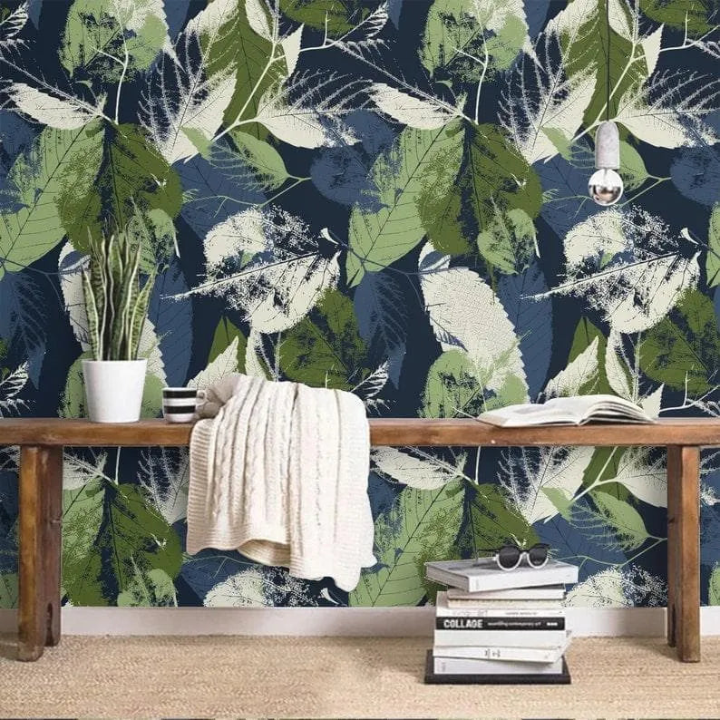 Dark Navy Green Abstract Botanical Leaves Wallpaper