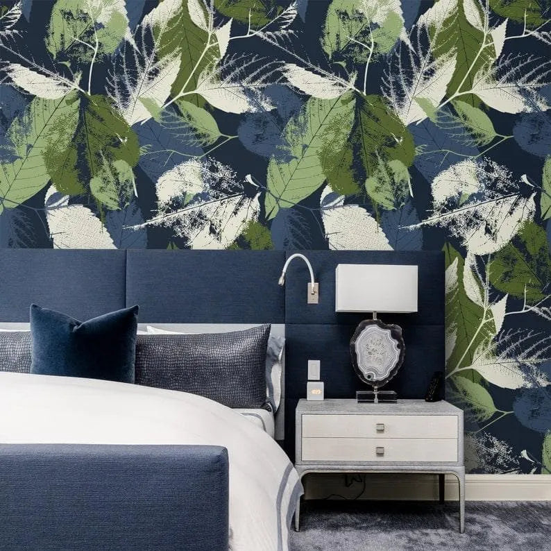 Dark Navy Green Abstract Botanical Leaves Wallpaper