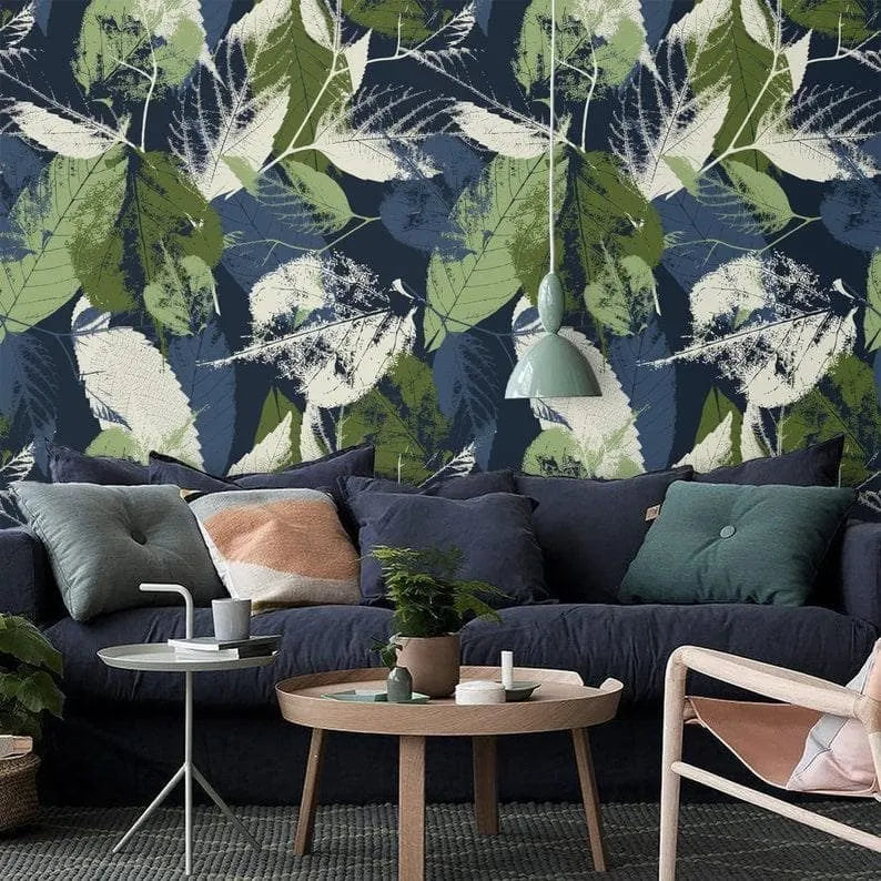 Dark Navy Green Abstract Botanical Leaves Wallpaper