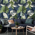 Dark Navy Green Abstract Botanical Leaves Wallpaper