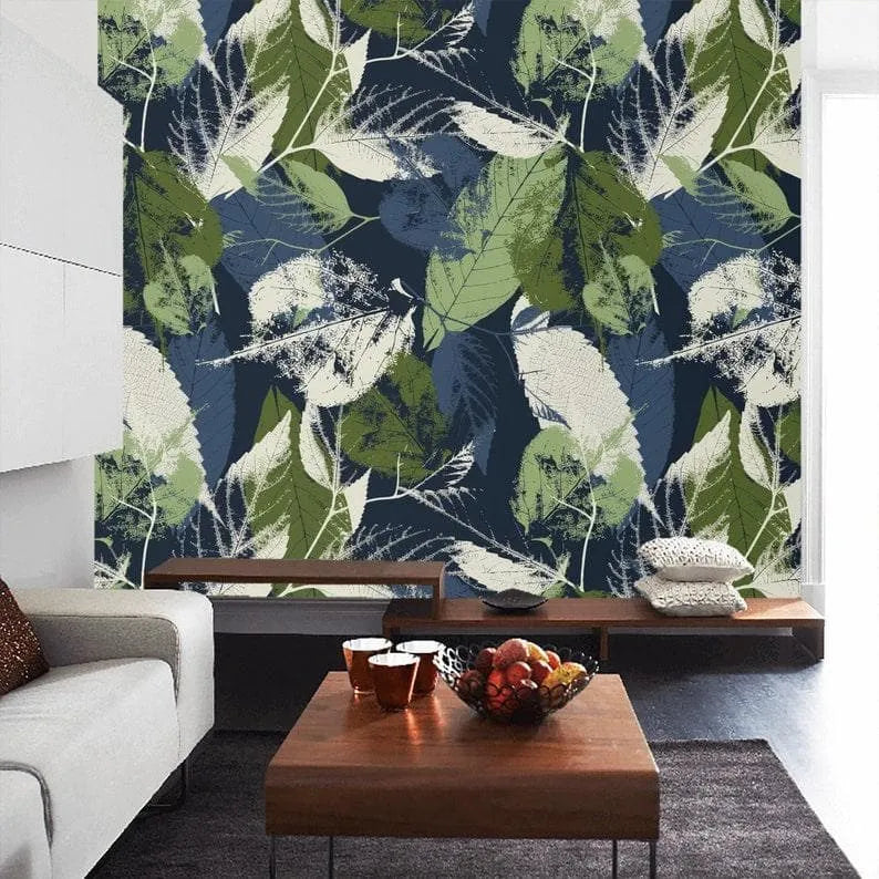 Dark Navy Green Abstract Botanical Leaves Wallpaper