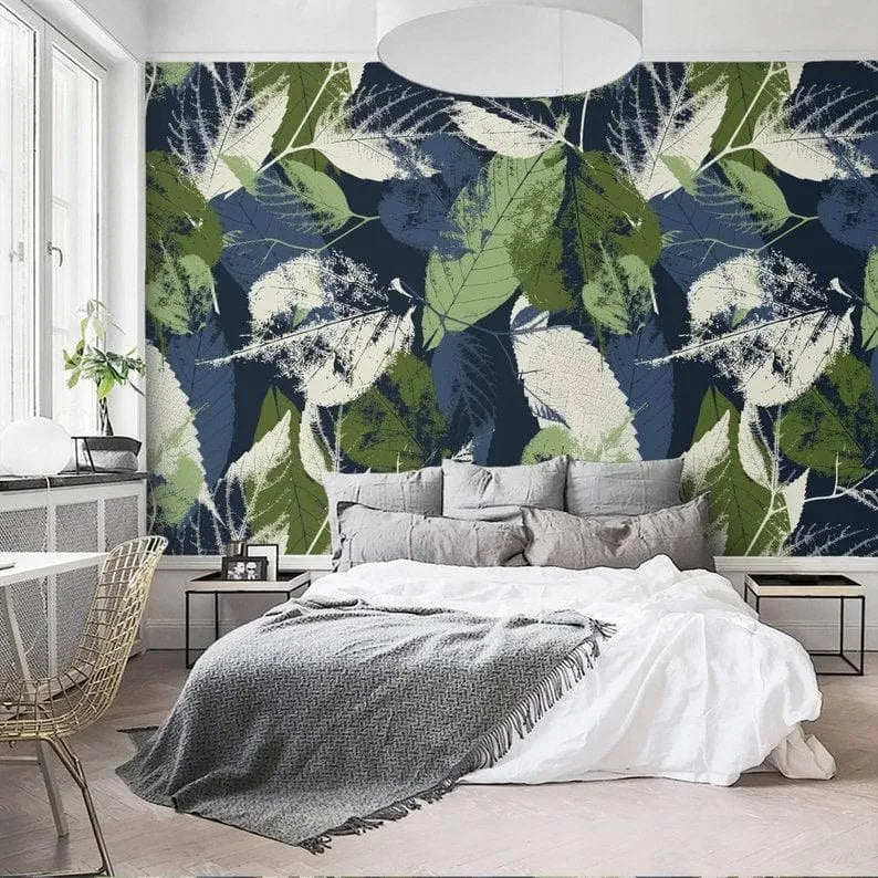 Dark Navy Green Abstract Botanical Leaves Wallpaper