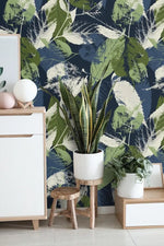 Dark Navy Green Abstract Botanical Leaves Wallpaper