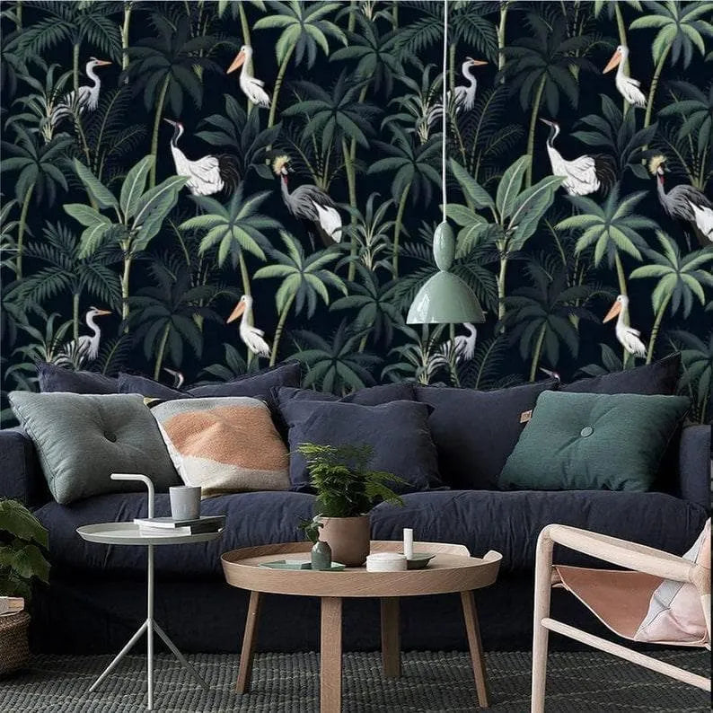 Dark Tropical Palm and Coconut Tree with Cranes Wallpaper