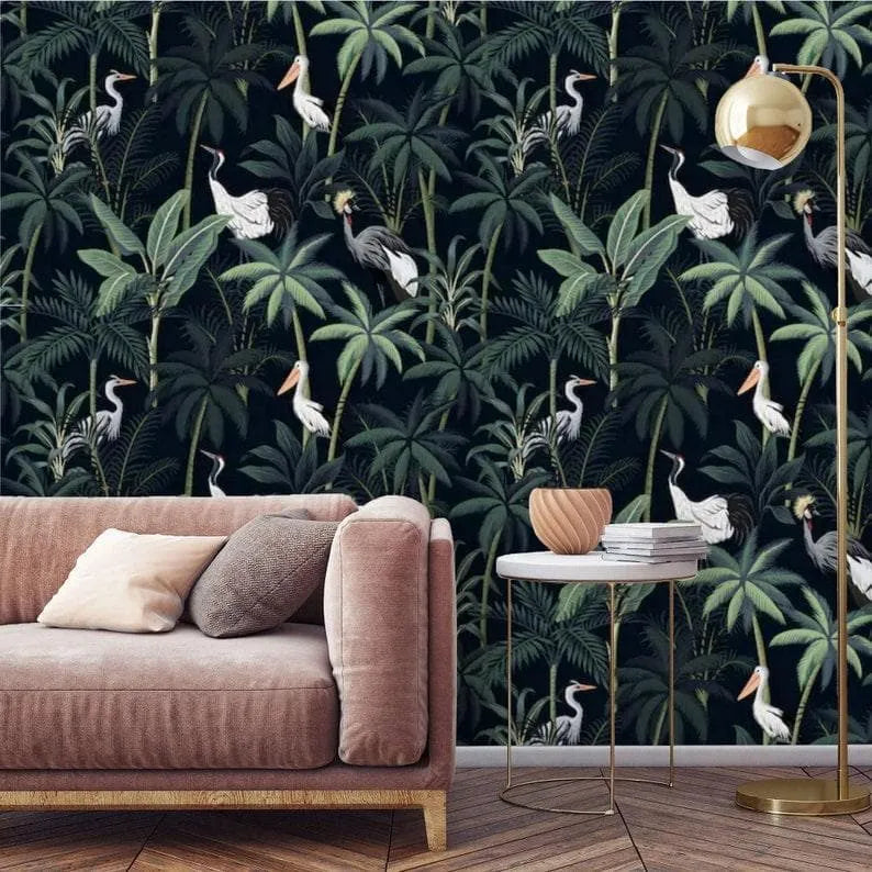 Dark Tropical Palm and Coconut Tree with Cranes Wallpaper