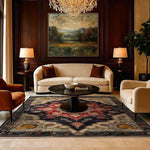 Elegant living room featuring a luxurious Dark Floral Harmony medium hand-knotted wool rug, perfect for an 8x10 area. The rug's intricate Persian-inspired design adds a touch of sophistication, complementing the plush seating and classic decor. Ideal for enhancing living room and bedroom spaces with its rich colors and timeless appeal.