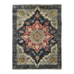 Top view of a Dark Floral Harmony Medium Hand Knotted Wool Area Rug, featuring an intricate design with vibrant floral patterns. Ideal for adding elegance to an office or living room, this Persian-style rug showcases a beautiful blend of colors, perfect for enhancing any living space.