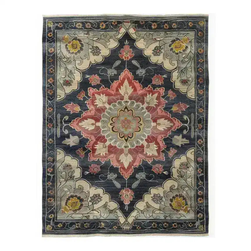 Top view of a Dark Floral Harmony Medium Hand Knotted Wool Area Rug, featuring an intricate design with vibrant floral patterns. Ideal for adding elegance to an office or living room, this Persian-style rug showcases a beautiful blend of colors, perfect for enhancing any living space.
