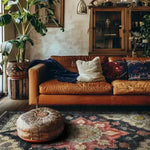 A cozy living room featuring a medium hand-knotted wool rug with dark floral patterns, perfect for 8x10 spaces. This area rug beautifully complements the warm tones of the leather sofa and adds a Persian touch to the living room decor. Ideal for both bedroom and living room settings, this wool rug enhances the elegance of area rugs for living room collections.